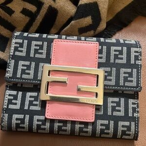 FENDI ZUCCA Black/Neutral w/Pink Leather/ Silver FF Logo Clasp